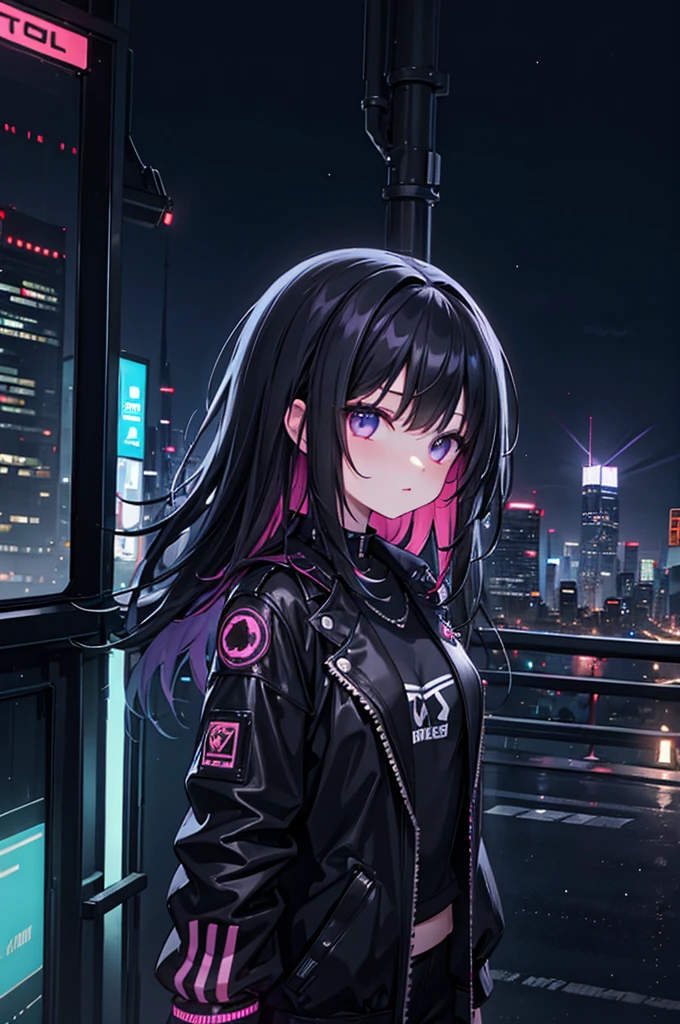 (masterpiece), cyber punk, city, night, Neon Light, city lights, One girl, Black Hair, Medium Hair
