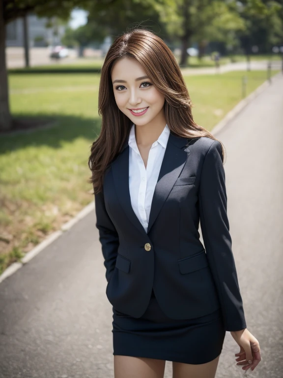 Tabletop, Highest quality, Realistic, Very detailed, finely, High resolution, 8k wallpaper, One beautiful woman,, Light brown messy hair, Wear a business suit, Short skirt、Sharp focus, Perfect dynamic composition, finelyて美しい目, Thin Hair, Detailed and Realistic skin texture, smile, Model body type、Beautiful legs、Standing on the shore of a lake、
