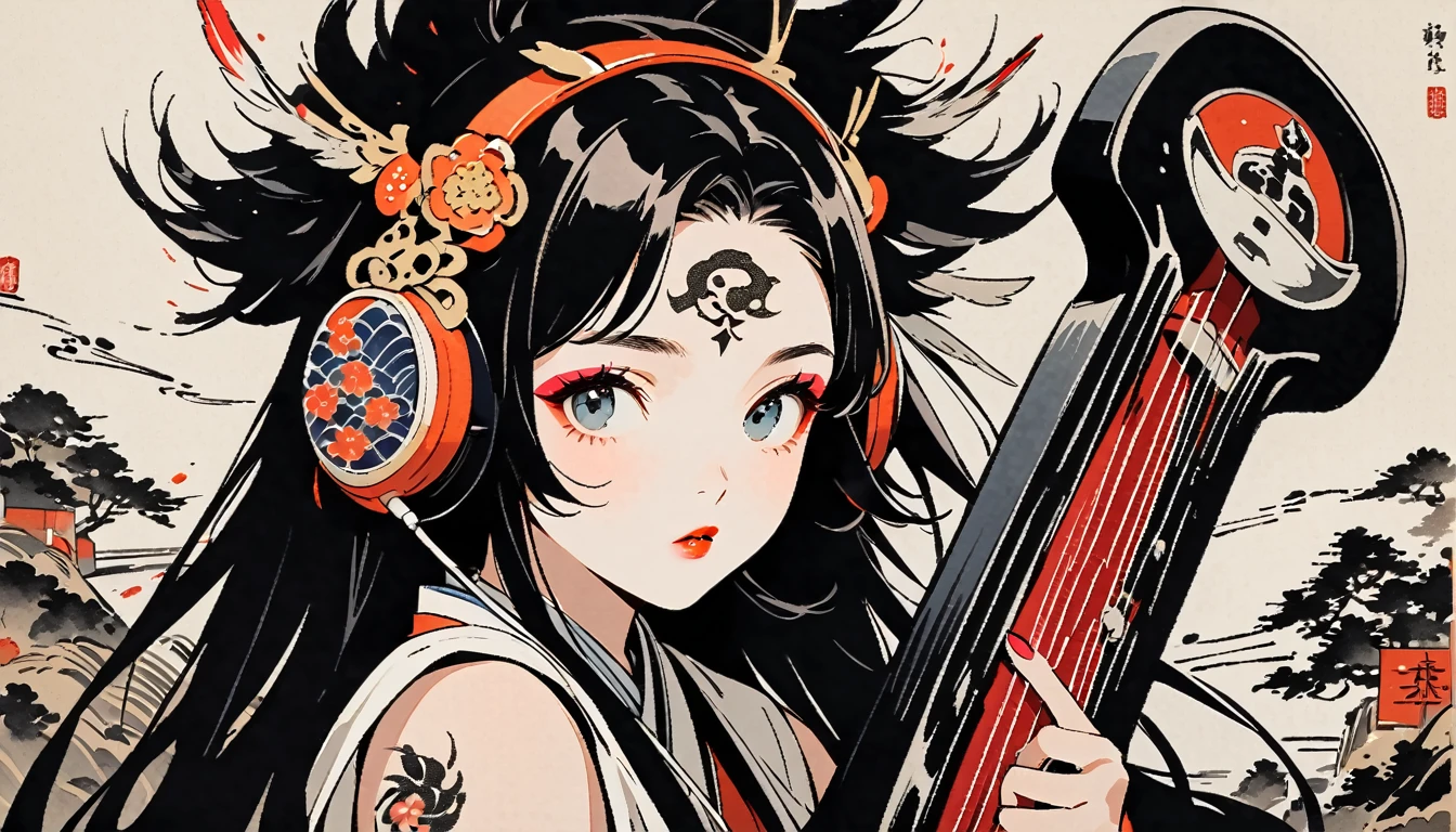 (((Ink Painting))), Fashion portrait color photos, (((1 girl))), (((Playing electric bass))), (((Tattoo in the center of the forehead))), (((Very flashy hair accessories))), (((Very flashy makeup))), Japanese style headphones, front view, Japan人の美少女, Black Hair, Delicate and precise, Modern ukiyo-e style,Japan, Droopy eyes, round face, Fuller lips