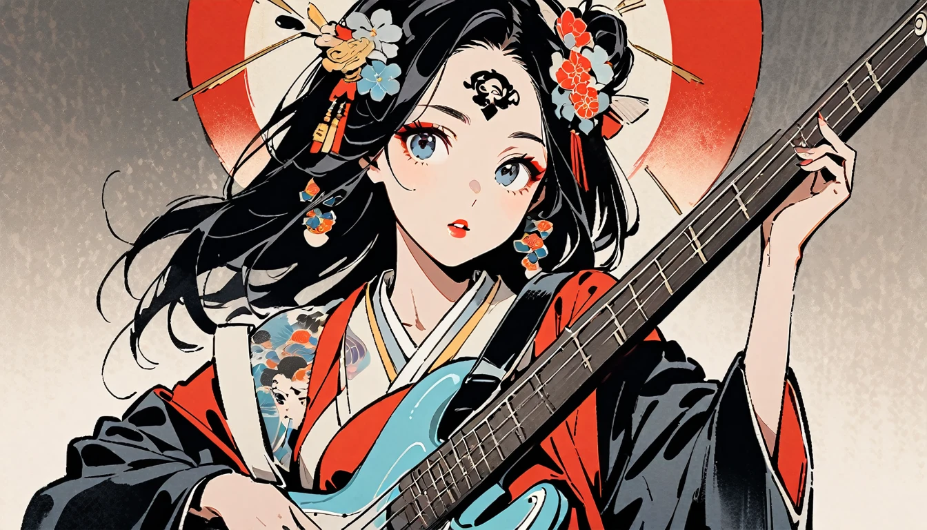 (((Ink Painting))), Fashion portrait color photos, (((1 girl))), (((Playing electric bass))), (((Tattoo in the center of the forehead))), (((Very flashy hair accessories))), (((Very flashy makeup))), Japanese style headphones, front view, Japan人の美少女, Black Hair, Delicate and precise, Modern ukiyo-e style,Japan, Droopy eyes, round face, Fuller lips