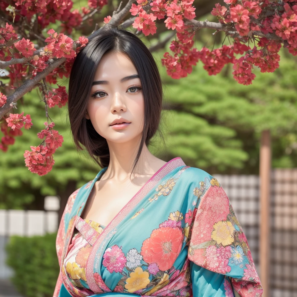 Generate me the most beautiful Japanese woman in the world , with a magnificent face very detailed very beautiful very original, a just magnificent Japanese outfit and a Japanese background
