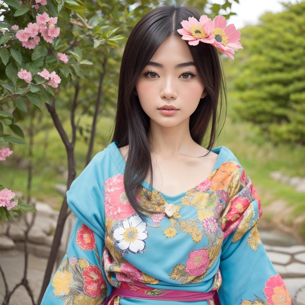 Generate me the most beautiful Japanese woman in the world , with a magnificent face very detailed very beautiful very original, a just magnificent Japanese outfit and a Japanese background