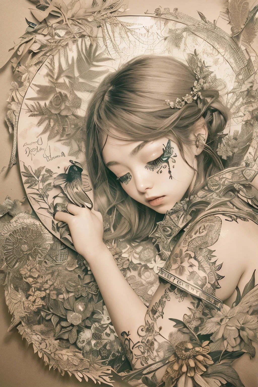((((masterpiece))), tattoo、Highest quality, An illustration, Beautiful details shine,
paper_cut, The details of a fragile girl's face captured on camera, wood, moon, butterfly,Wind、star、spider、Ladybug、centipede