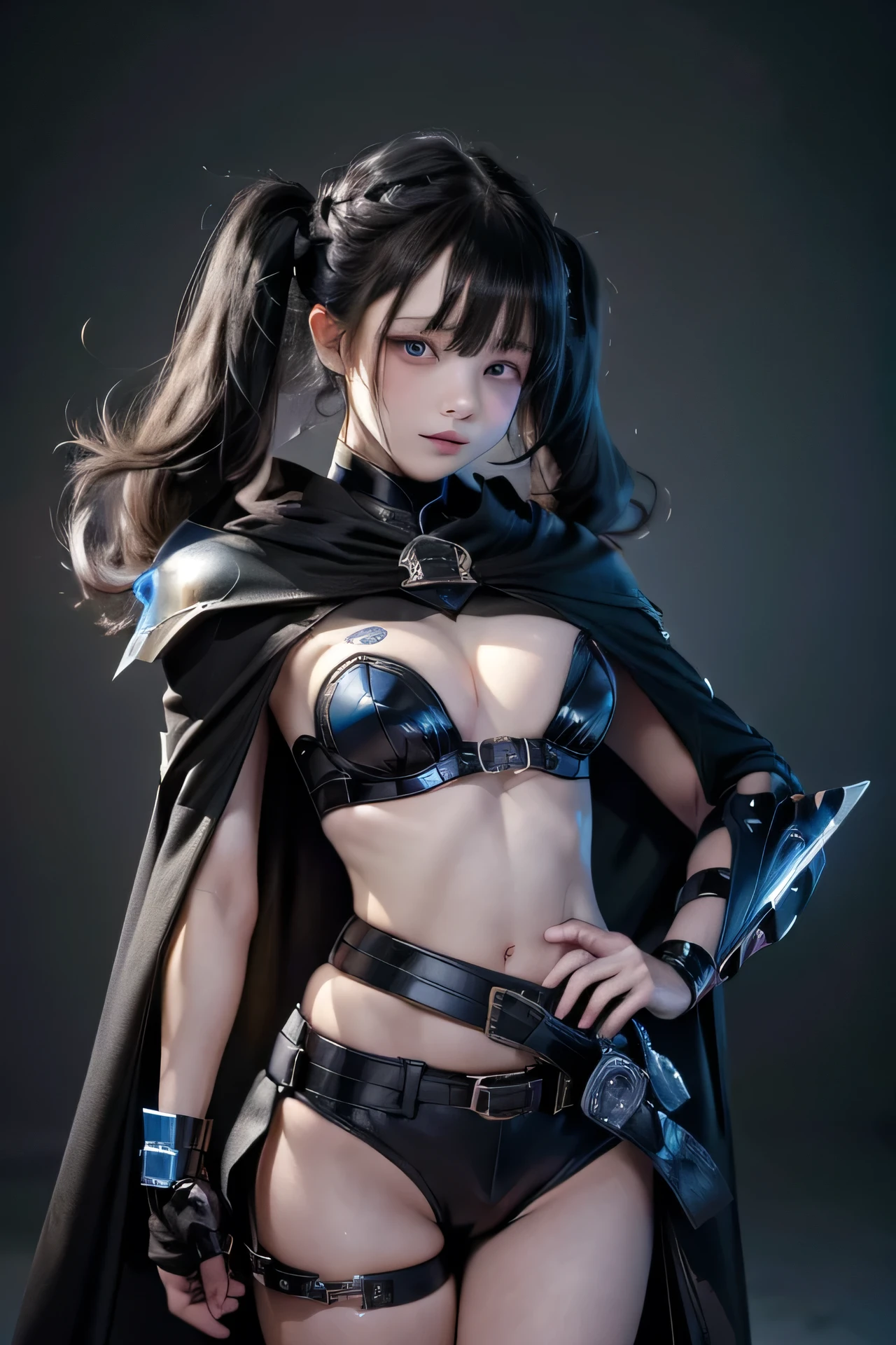 masterpiece, Highest quality, Super detailed, Very detailed, beautiful, (((Full body photography))), girl, 12 years old, Very thin,Very small breasts, Black bikini on chest, Long black cloak,  black hot pants, black belt, silver buckle,  (Expressionless), (((((Handgun on waist))))), Black Hair, Long twin tails, (Clear blue eyes), Smile, Beautiful pale skin, Small breasts, (((Black Armor))), ((Her hair and cape are fluttering violently in the wind.)), With sword, (Simple blue glowing background, blue flame))), Afterimage,Ultra-realistic photos, Full Body Shot, Symmetrical Configuration, Cinema Lighting