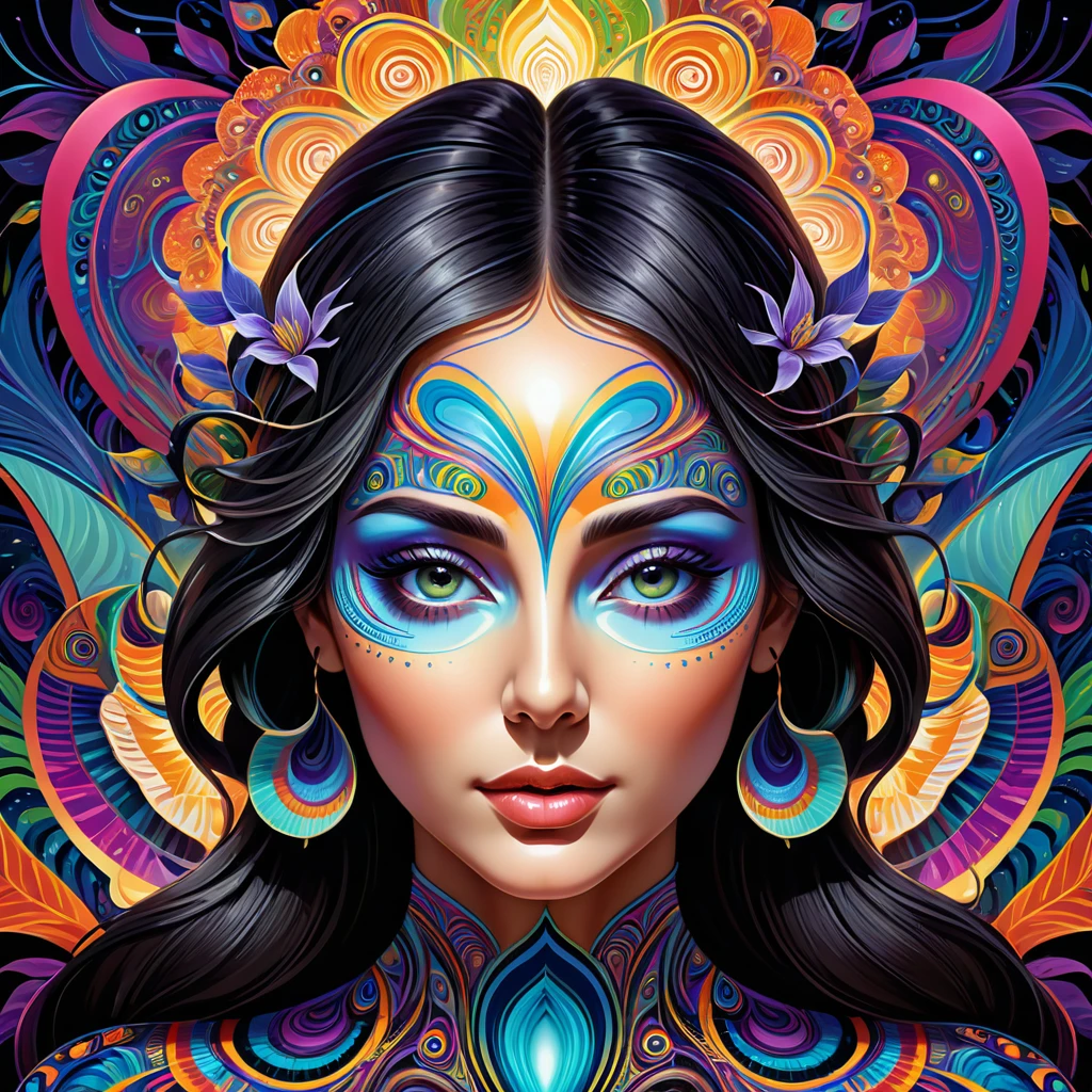 Portrait of a deep psychedelic therapist, surreal,vibrant with colors, hallucinogens, the face, Intricate, chic, agility, The content is very detailed, digitalpainting, art stations, conceptual artwork, sharp focus, illuminations, datura, abstrato, fractalized, patterned, creative, art stations, vector, precise lines,chic curveelhor qualidade,4K,8k,high resolution,work of art:1.2), ultra detali, realisitic:1.37。