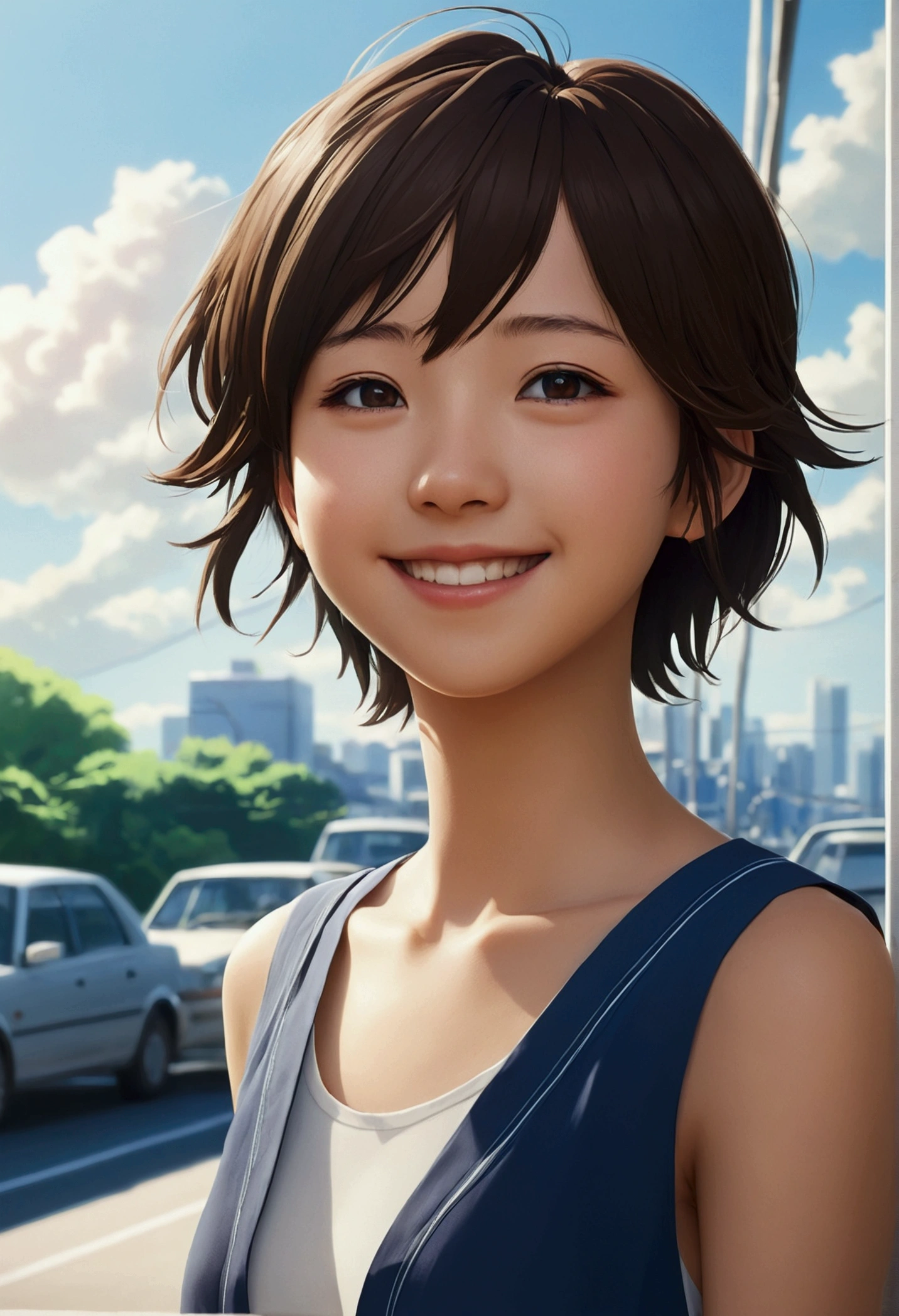 High definition、8K,Japanese anime style、young,woman,boyish,cool,Only the face、smile,Makoto Shinkai style