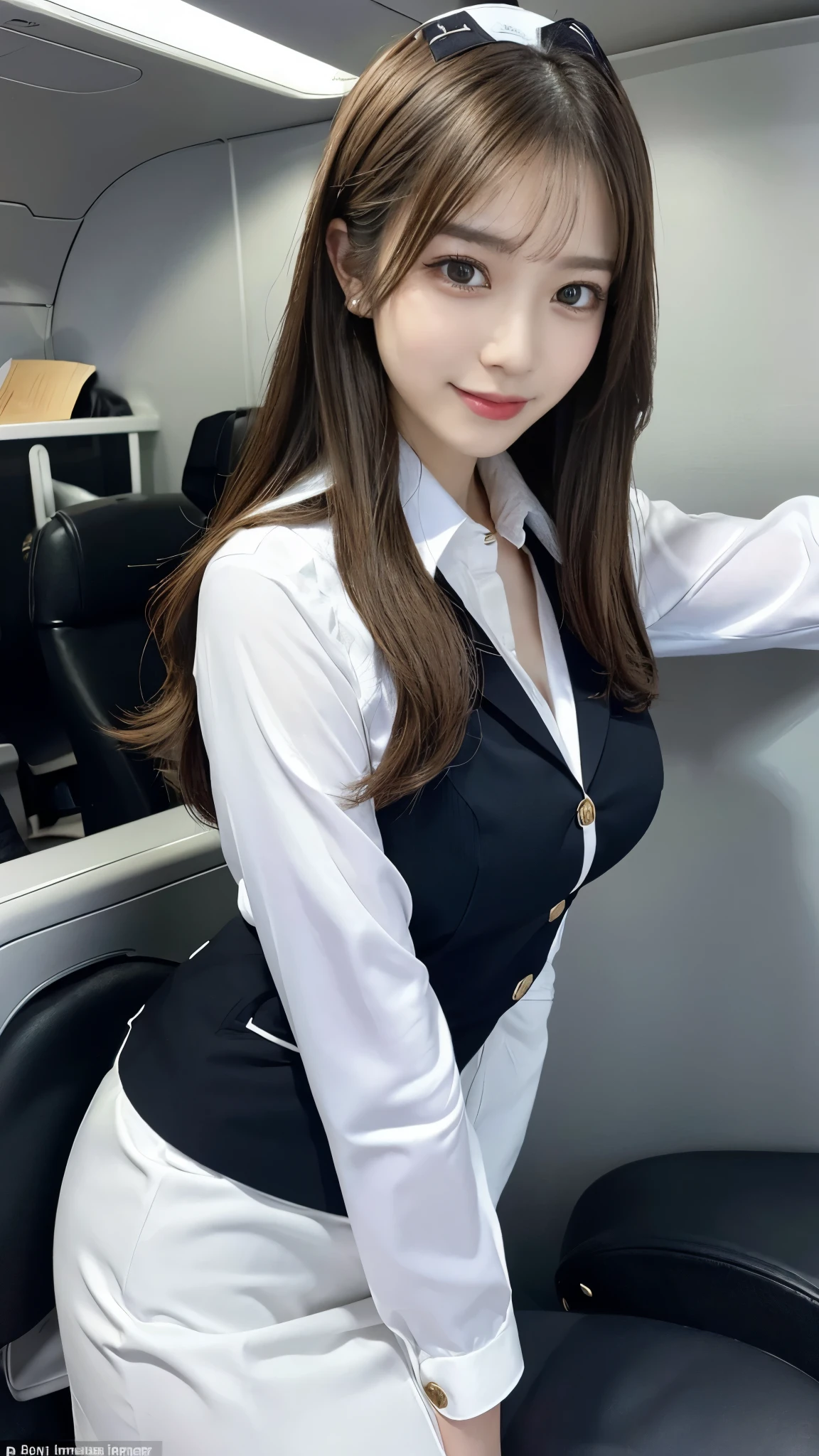 ((Highest quality, 8k, masterpiece: 1.3)), concentrated: 1.2, Perfect beauty: 1.6, Astock: 1.3, ((Straight Hairstyles), (Flight attendant uniform: 1.1), (evening, Airport lobby), Highly detailed face and skin texture, Narrow eyes, double eyelid, Whitening skin, Long Hair, (shut up: 1.3), smile, stockings