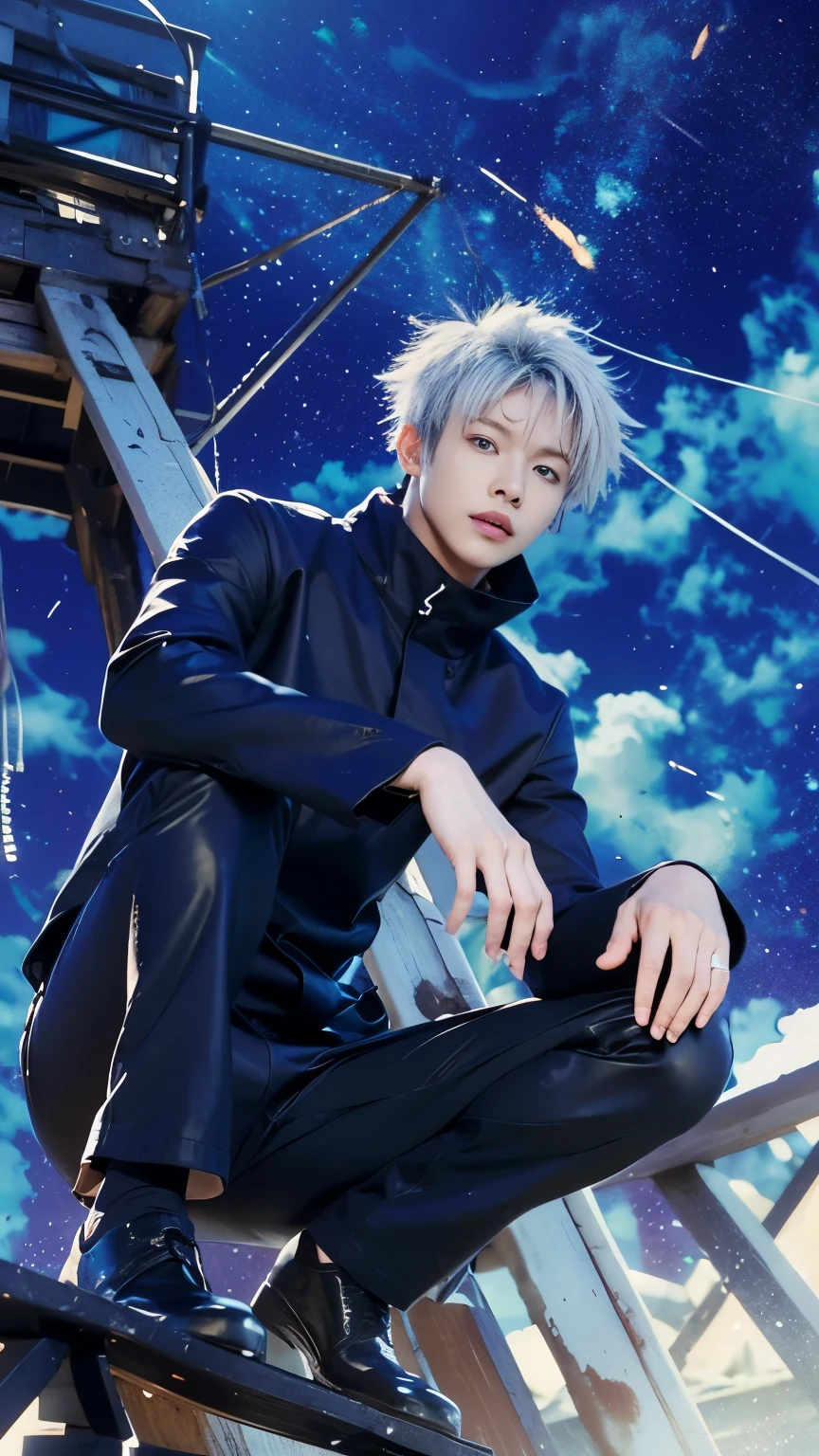 Satoru gojo, jujutsu kaisen, male, white, blue eyes light up, black clothes, friendly face, blue sky background, detailed hand, detailed face, detailed eye, fire effect, light effect, ultra-realistic, ultra-detailed, bestquality, masterpiece.