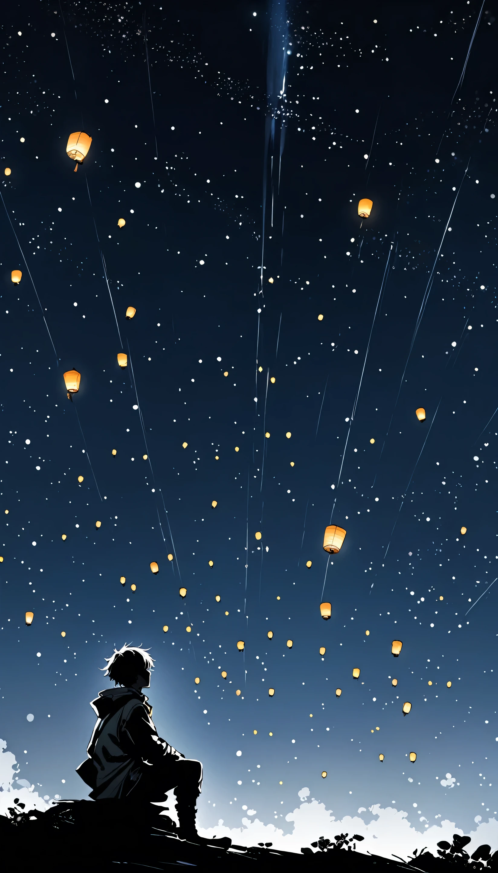 (Ashley Wood Style:1.1), One boy,Spread your knees、Align your feet,?,Large blank areas,Lanterns dancing in the night sky,minimalist background,Sitting,Bottom of the screen,(Look up:1.5),From the side,comics,The sky is filled with Dodge's blue sky lanterns