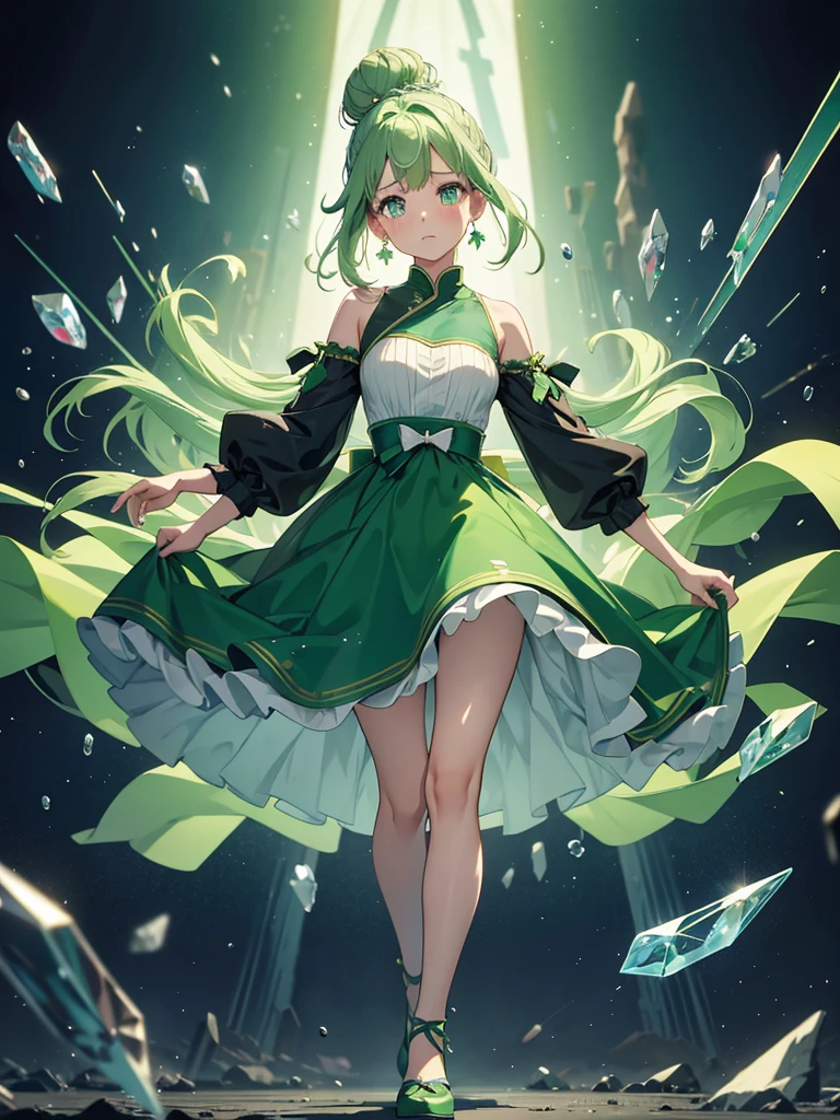 Full body in frame、I have a smartphone、Green Hair、Bun Hair、High-resolution model without background, Crystal Earrings, One girl, Are crying, I want to cry, Sparkling eyes, Widescreen, 