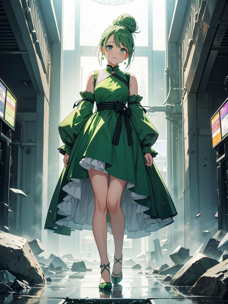 Full body in frame、I have a smartphone、Green Hair、Bun Hair、High-resolution model without background, Crystal Earrings, One girl, Are crying, I want to cry, Sparkling eyes, Widescreen, 