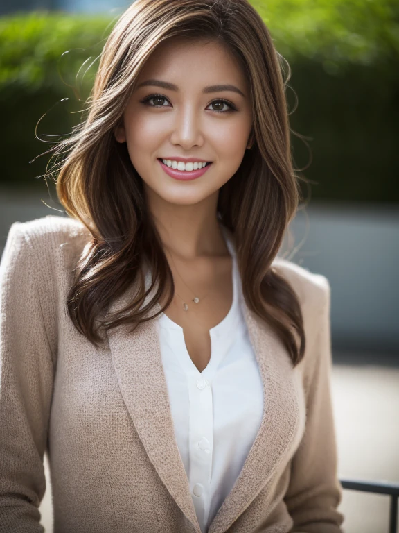 Highest quality, Realistically, Very detailed, About pubic hair, High resolution, 8k wallpaper, One beautiful woman, Pink wet lips, Light brown messy hair, Wearing a suit, shirt, White short skirt, Perfect dynamic composition, Beautiful Eyes, Delicate hair, Detailed Realistically skin texture, smile, Close-up portrait, Model body type, On the open terrace of the cafe, Blurred Background, (Full Body Shot), Take photos from a distance, Random body orientation,Waterfall valley background、