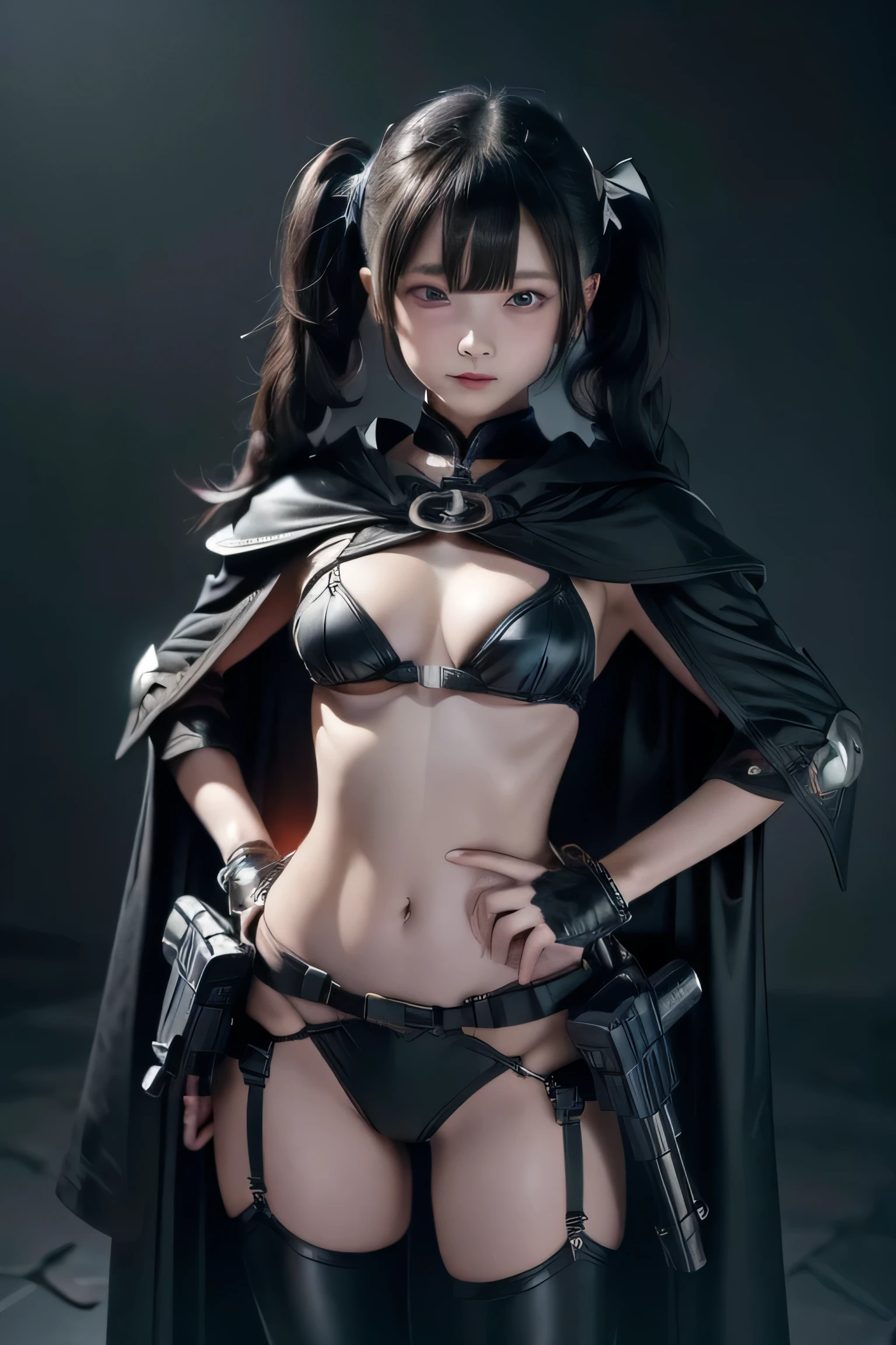 masterpiece, Highest quality, Super detailed, Very detailed, beautiful, (((Full body photography))), girl, 12 years old, Very thin,Very small breasts, Black bikini on chest, Long black cloak,  black hot pants, black belt, silver buckle,  (Expressionless), (((((Handgun in right hand))))), Black Hair, Long twin tails, (Clear blue eyes), Smile, Beautiful pale skin, Small breasts, (((Black Armor))), ((Her hair and cape are fluttering violently in the wind.)), With sword, (Simple black background), Blue flame on background, Afterimage,Ultra-realistic photos, Full Body Shot, Symmetrical Configuration, Cinema Lighting