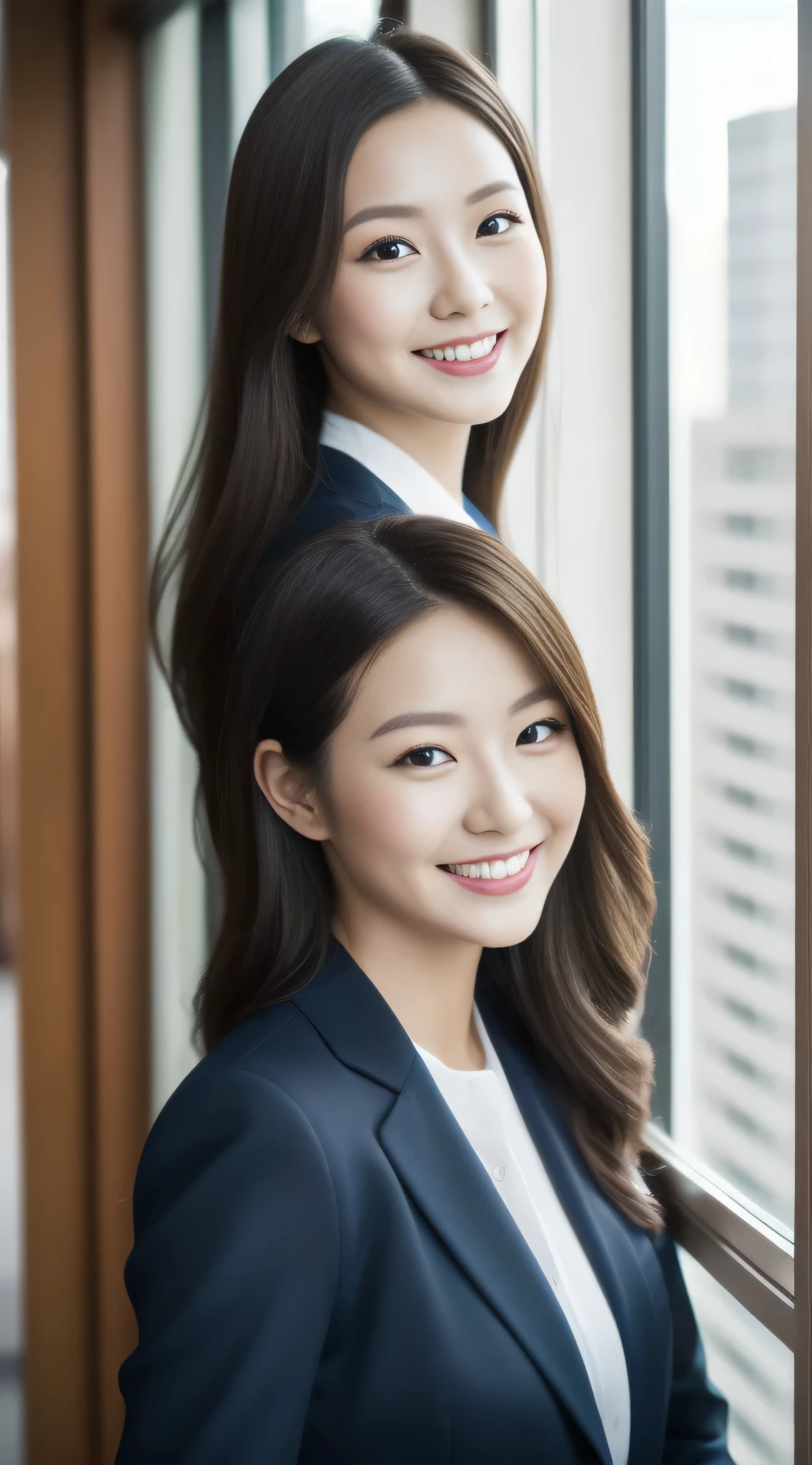 The face of a hostess、The clothing is a high-quality navy blue business suit、Surreal、healthy、Smiling face、Slim and perfect figure、Japanese Beauty、Beautiful Eyes、Perfect Face、Beautiful Skin、From the side、Background is an office on a high floor、By the window