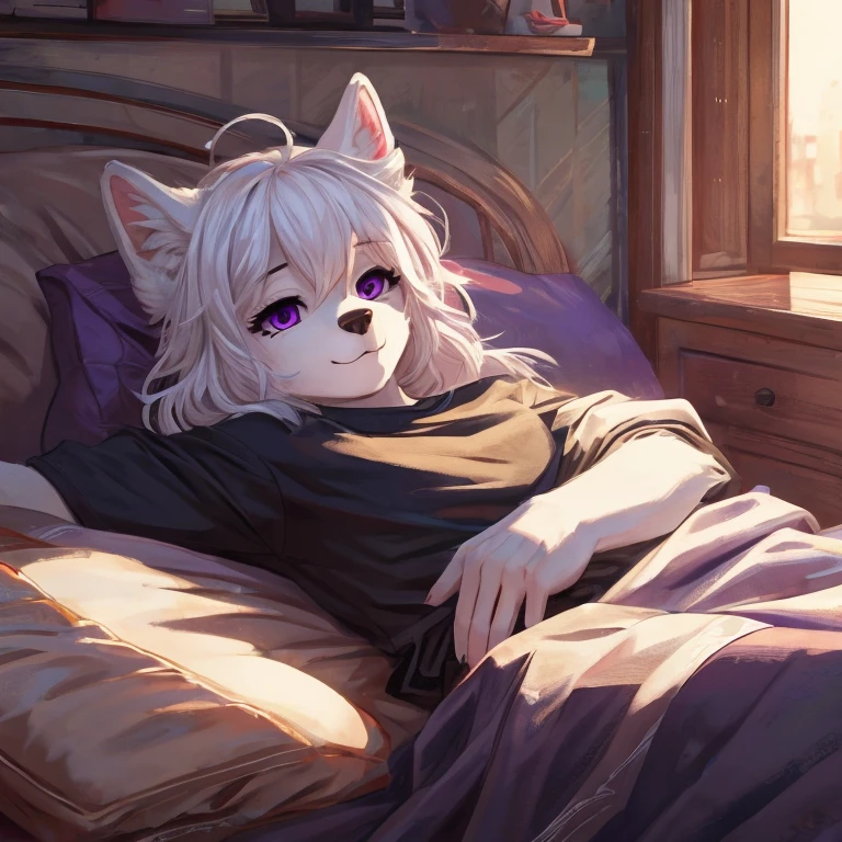 Masterpiece, best quality, White wolf furrÿ girl, solo, white wolf ears, white furry body, Purple eyes, long white hair, hair parted in the middle, wearing very loose black pajama shirt, smiling, sleepy, waking up, lying in a comfy bed, under a blanket