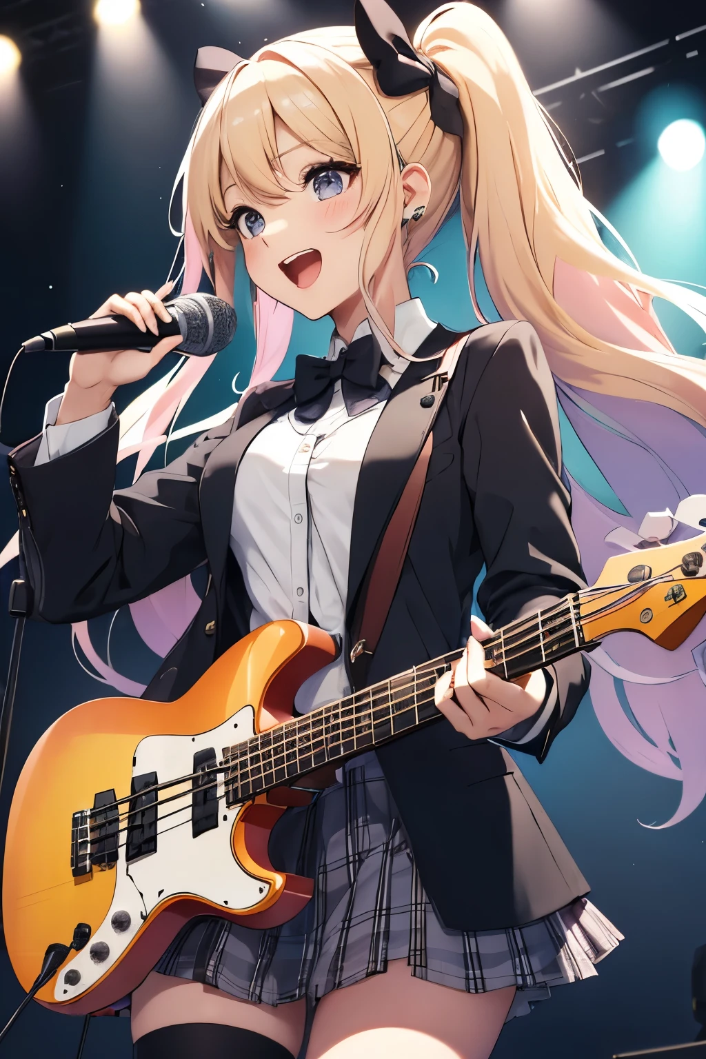 (pastel-color:1.3), absurdres, absolutely resolution, incredibly absurdres, highres, ultra detailed, official art, unity 8k wallpaper, 4girls, multiple girls, standing, 4k wallpaper, smile, happy, live stage, stage lights, ADDCOMM festival, playing drums, (live stage,Spotlight:1.3), stageidol, ADDBASE medium hair, deep blue hair, , playing bass guitar, ADDCOL twintails, long hair, blonde hair, bow, blazer, plaid skirt, over black legwear, (singing, microphone:1.2), BlazerCardigan, ADDCOL black hair, ponytail, , seater, playing guitar,