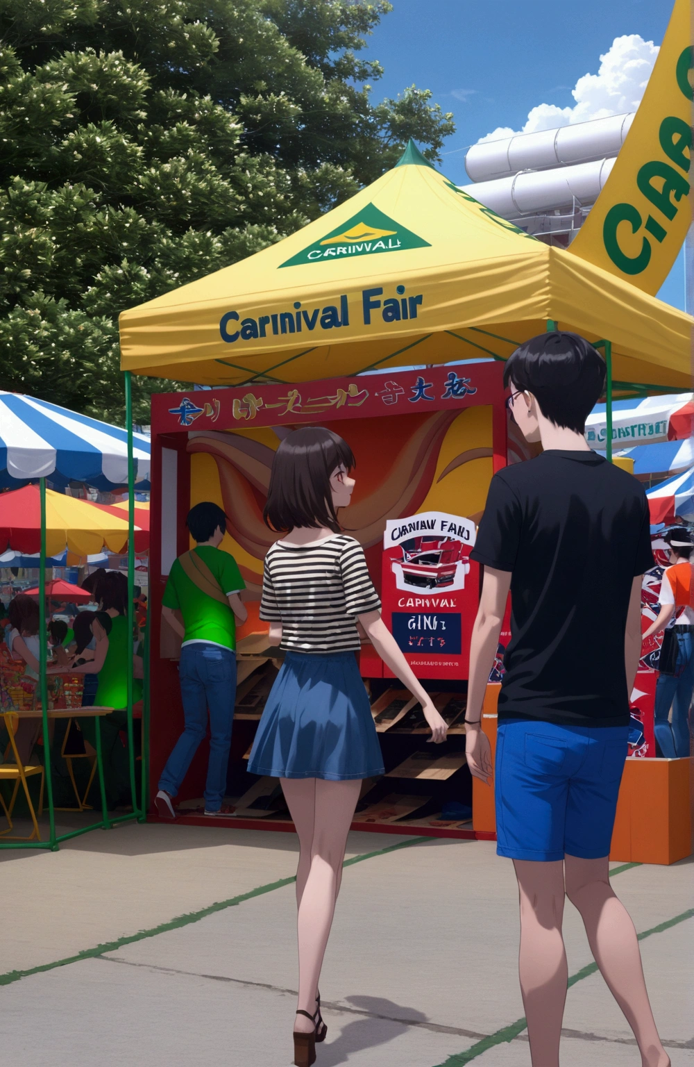 anime illustration of teenage couple walking together at carnival fair, front view, looking at viewer, (1girl, solo,full body), (masterpiece, best quality)