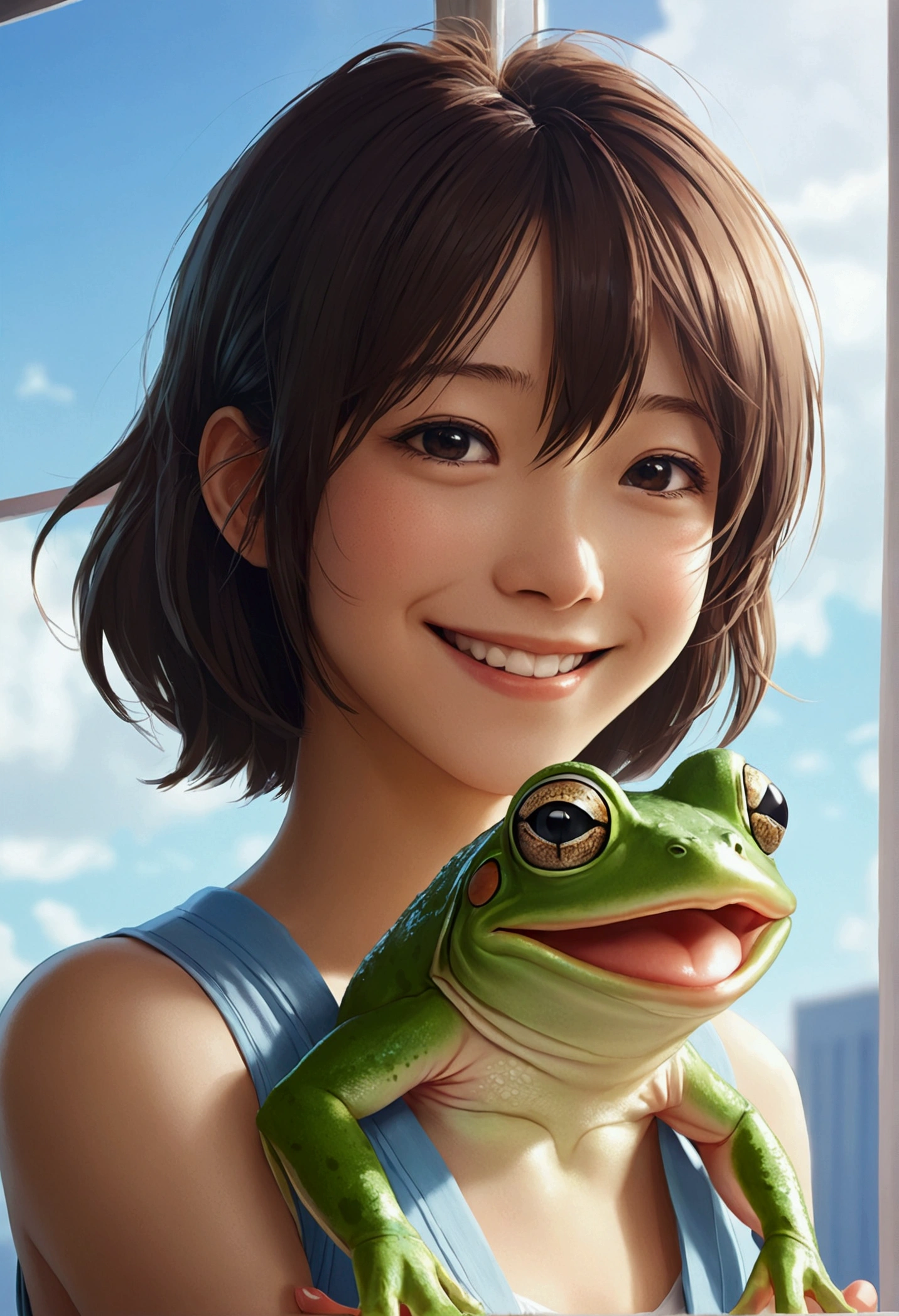 High definition、８K,Japanese anime style、Anthropomorphic frog,cute,smile,Upper Body,Makoto Shinkai style