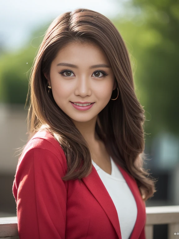 Highest quality, Realistically, Extremely detailed, detailed, High resolution, 8k wallpaper, One beautiful woman, Pink moist lips, Light brown messy hair, Wearing a crimson suit, shirt, White Skirt, Lock Focus, Perfect dynamic composition, Beautiful Eyes, Thin Hair, Detailed Realistically skin texture, smile, Close-up portrait, Model body type, On the terrace of the café, Blurred Background, (Full Body Shot), Long-range shooting,