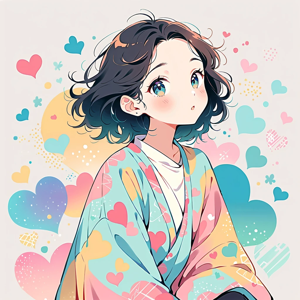 Simple line initials，Abstract art，Plain background, Colorful Hearts ,(((The most beautiful girl of all time))), cute Character、Beautiful illustrations, Highest quality, cute、Bedroom, pastel colour, Long black hair,