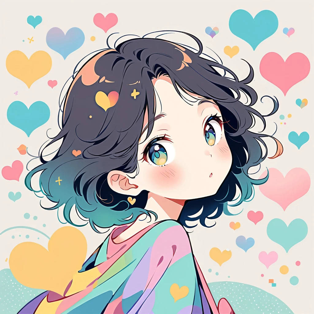 Simple line initials,Abstract art,Plain background, Colorful Hearts ,(((The most beautiful girl of all time))), cute Character、Beautiful illustrations, Highest quality, cute、Bedroom, pastel colour, Long black hair,