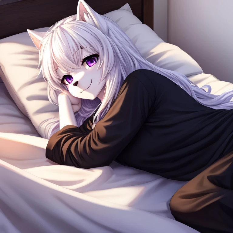 Masterpiece, best quality, White wolf furrÿ girl, solo, white wolf ears, white furry body, Purple eyes, long white hair, hair parted in the middle, wearing very loose black pajama shirt, smiling, sleepy, waking up, lying in a comfy bed, under a blanket