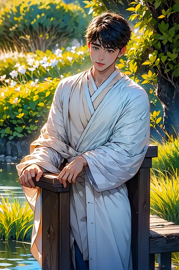 (in 8K、top-quality、masterpiece:1.2)、1 boy、short-haired、Hair short、Brown-skinned、Green View、