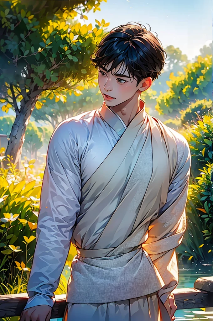 (in 8K、top-quality、masterpiece:1.2)、1 boy、short-haired、Hair short、Brown-skinned、Green View、