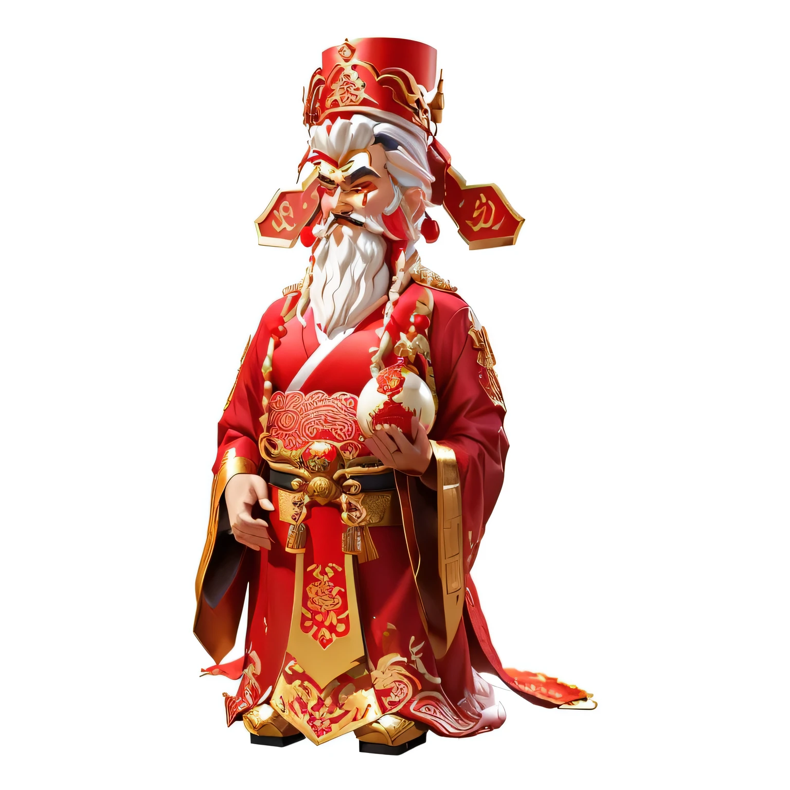 Wearing a red robe、Statue of Alafeh with a white beard, God of Wealth, Japanese mascot 3D model, Inspired by Hu Zaobin, Wearing Chinese Clothing, bian lian, 3d rendering senior artist, dragon, hua cheng, traditional Chinese, Inspired by Dong Yuan, shui mo hua, Chinese Clothing