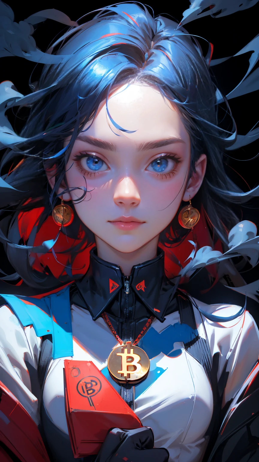 A red stock market graph going down with bitcoin on the bottom, and an angry sad crying girl in a suit giving a thumbs up with blue face paint, full image front pose girl, in the pop art style, bitcoin logo on top of the picture, coins stacked behind her, smoke around her head, bitcoin symbol above all other crypto symbols