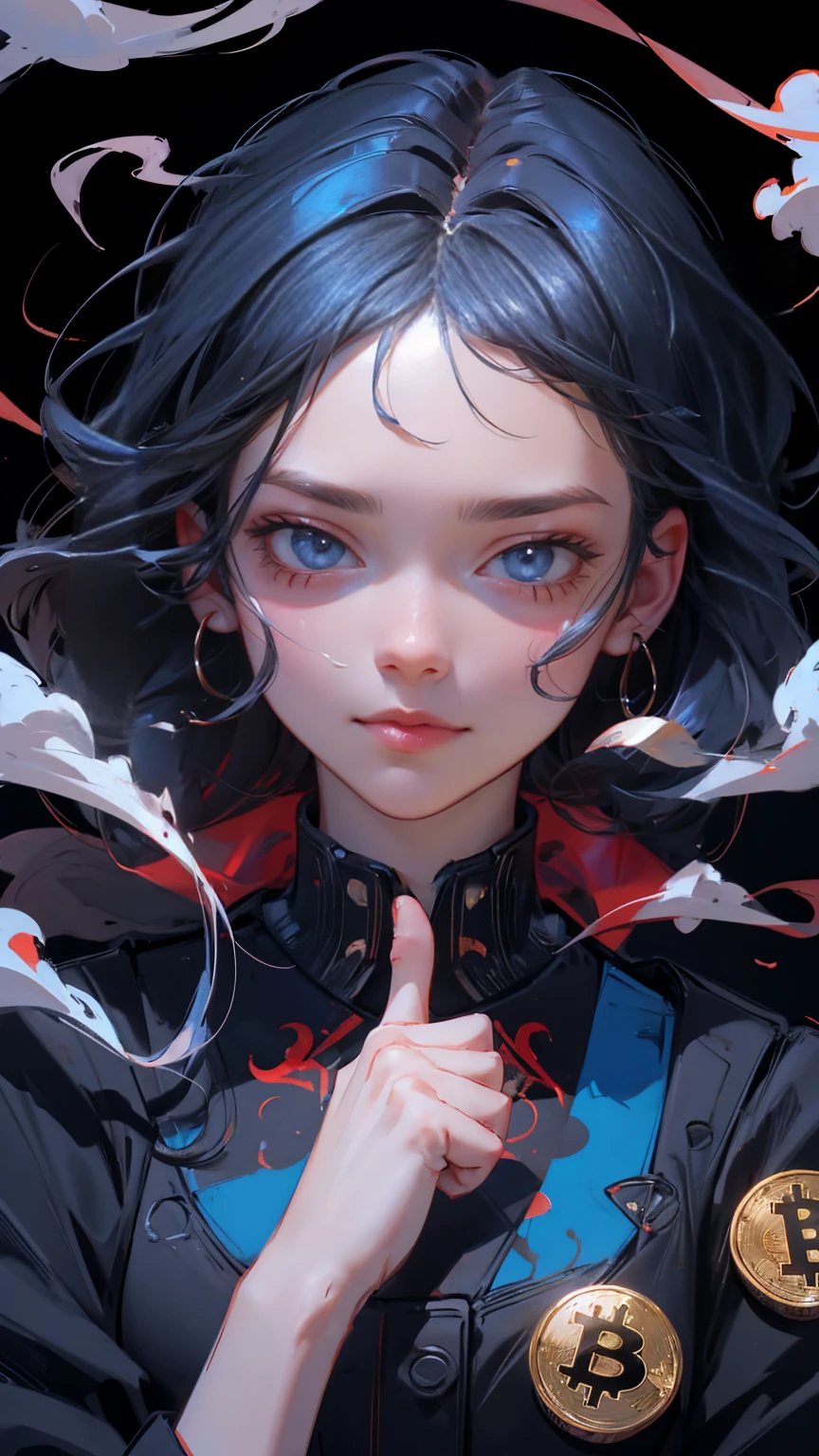 A red stock market graph going down with bitcoin on the bottom, and an angry sad crying girl in a suit giving a thumbs up with blue face paint, full image front pose girl,  in the pop art style,  bitcoin logo on top of the picture, coins stacked behind her,  smoke around  her  head, bitcoin symbol above all other crypto symbols