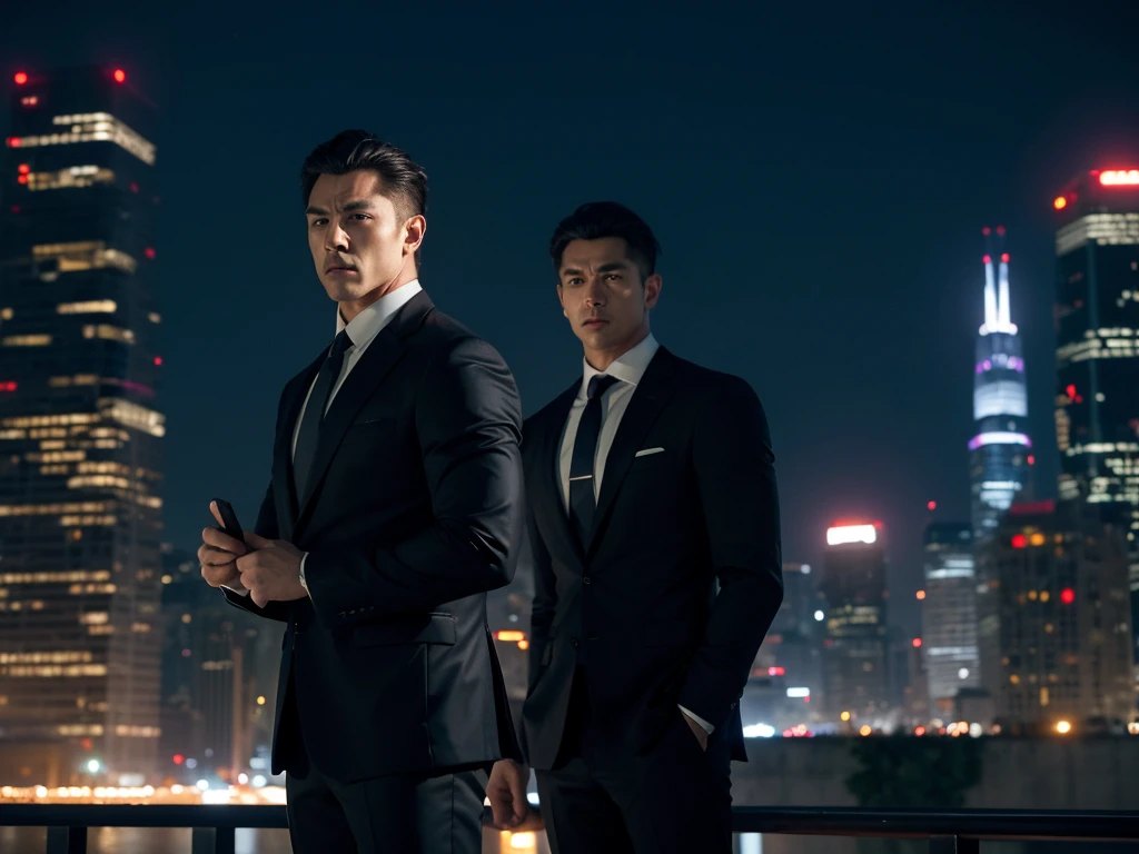 a powerful business executive, muscular,suit and tie, serious expression, confident pose, city skyline background, cinematic lighting, photorealistic, 8k, best quality, ultra-detailed, extremely detailed face and eyes, sharp focus, vivid colors, dramatic shadows