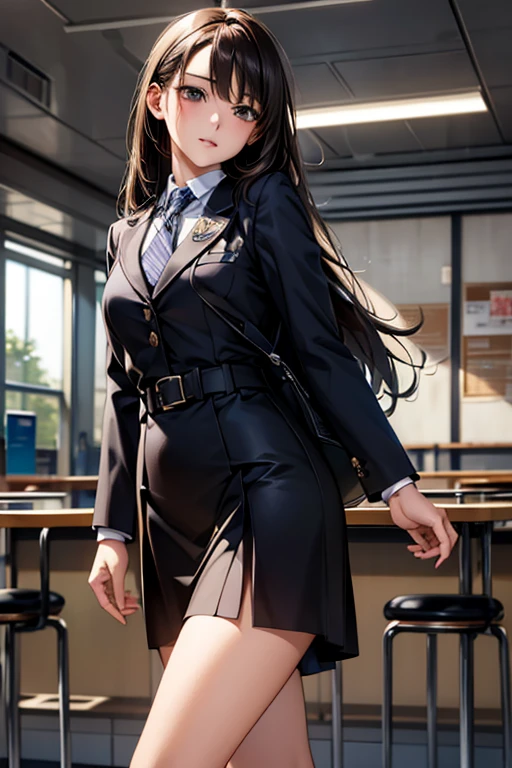 ((Highest quality)),(超High resolution),(Very detailed),(Detailed Description),((The best CG)),(masterpiece),Ultra-detailed art、(Highest quality、8k、32K、masterpiece)、(Realistic)、(Realistic:1.2)、(High resolution)、Very detailed、Very beautiful face and eyes、1 female、Tight waist、Delicate body、(Highest quality、Attention to detail、Rich skin detail)、(Highest quality、8k、Oil paints:1.2)、Very detailed、(Realistic、Realistic:1.37)、Bright colors、Beautiful Japanese Woman、Detailed face、Smooth Skin、Big Breasts、"A high school girl from the near future is wearing a monochrome tight-fitting blazer.、Metallic buttons and school crest on left chest。Below is the、He is wearing a clean white shirt with hidden buttons.、The collar and cuffs have thin lines。The skirt is a knee-length A-line skirt.、Does it have the same simple stripes as the blazer?、You may be wearing tight-fitting straight pants of the same pattern.。Shoes must be black or dark grey sneakers、Includes silver accents。A tie or ribbon in school colors、I have a lightweight, multi-functional backpack with reflectors.。The material of the uniform is temperature regulating、Antifouling、Has antibacterial properties。She is a modern, high-tech school environment.々We are engaged in various activities.：Study in classrooms equipped with advanced digital screens、Walking through a bright hallway lined with smart lockers、(Chatting with friends in a futuristic cafeteria。:1.6)"