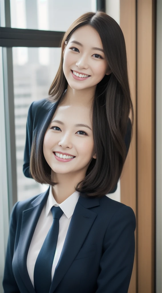 The face of a hostess、The clothing is a high-quality navy blue business suit、Surreal、healthy、Smiling face、Slim and perfect figure、Japanese Beauty、Beautiful Eyes、Perfect Face、Beautiful Skin、From the side、Background is an office on a high floor、By the window