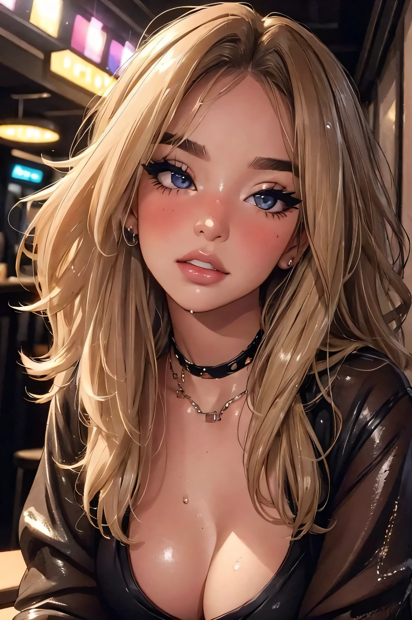 girl at a nightclub sitting at bar, eyeliner (masterpiece) (best quality) (detailed) (8k) (HDR) (wallpaper) (cinematic lighting) (sharp focus) (intricate) wavy blonde hair, biting lip, medium hair, slutty outfit, sexy, blush, aroused, cleavage, shiny , wet skin, girl, dark makeup, acting flirty, tucking hair behind ear