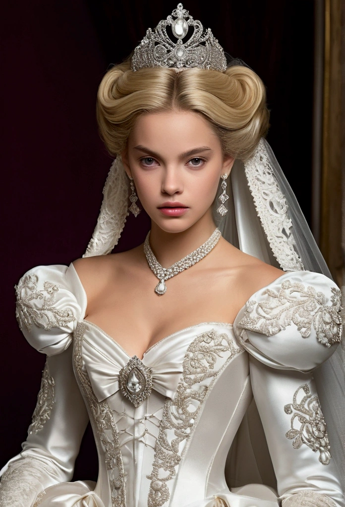 A stunningly beautiful blonde fairytale Princess shining con Royal Pomp y Regal Splendor, wearing a Stately y (((Elaborar))) Royal Cinderella Ballgown of Silver y White Brocade, con (((enormes mangas abullonadas))) un hueso rígido, padded y corseted bodice, una cintura de reloj de arena, a (((enorme falda de crinolina))) y (((bullicio))), adorned con ribbons, arcos, rosas, cordón, volantes, volantes, bordado, y jewels, elaborately curled y styled hair, guantes blancos largos, pearl y diamond neckcordón y earrings