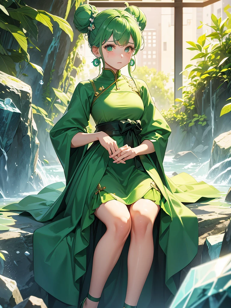 Full body in frame、I have a smartphone、Green Hair、Bun Hair、High-resolution model without background, Crystal Earrings, One girl, Are crying, I want to cry, Sparkling eyes, Widescreen,