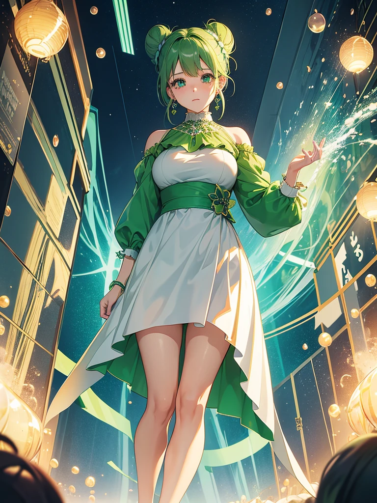 Full body in frame、I have a smartphone、Green Hair、Bun Hair、High-resolution model without background, Crystal Earrings, One girl, Are crying, I want to cry, Sparkling eyes, Widescreen, 