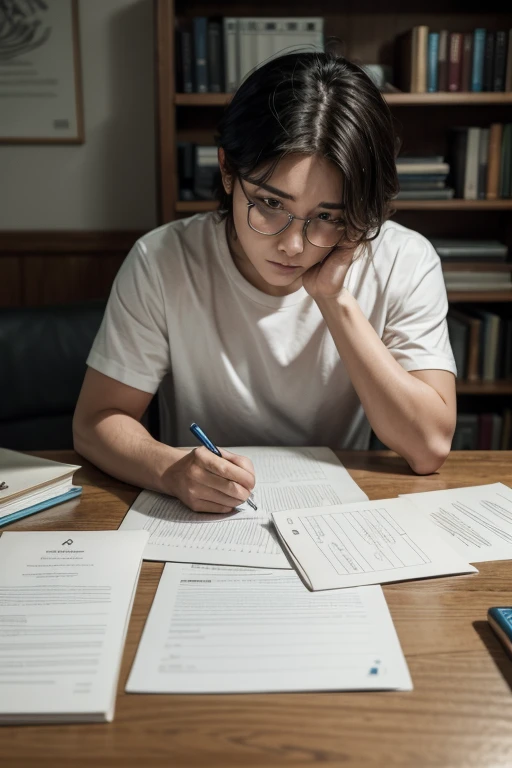 A focused screenwriter, sitting in front of an open laptop, rodeado por livros, notebooks and sheets of paper. The screenwriter's face reflects intensity and creativity as he writes the next great script. Soft ambient light highlights your inspiring work environment.