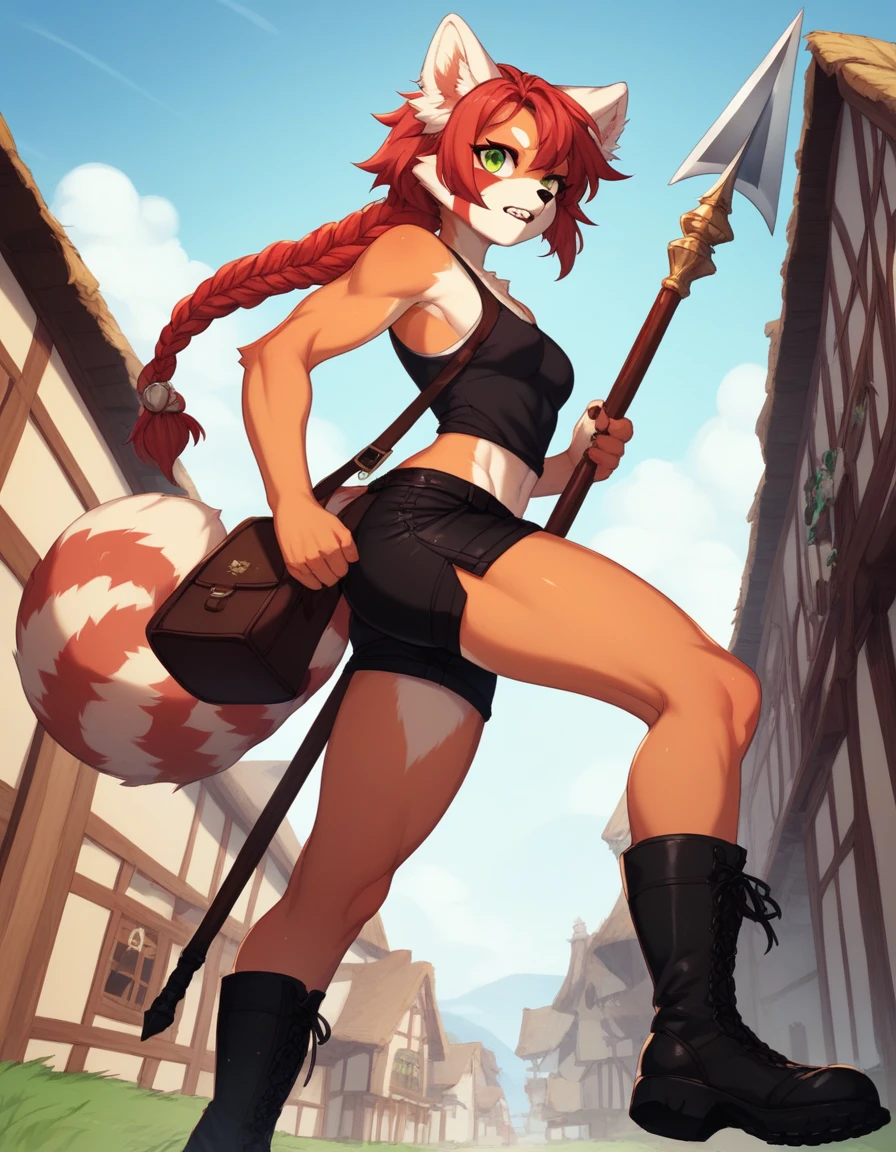 Solo, Score_9, score_8_up, score_7_up, kemono style, Kimiko, An Anthro furry red panda girl, red furry body, red panda tail, , black nose, red hair, braided hair, grinning with teeth, spear on back, tank top,  form fitting tight shorts, satchel around hip leather, black combat boots, wooden fantasy town, daytime, outdoors, low angle shot, running, gimlet stare, focused, majestic, side view, emerald green eyes, looking to side with head, long legs, athletic toned arms and legs, long braid behind head. 