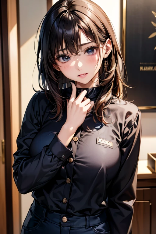 ((Highest quality)),(超High resolution),(Very detailed),(Detailed Description),((The best CG)),(masterpiece),Ultra-detailed art、(Highest quality、8k、32K、masterpiece)、(Realistic)、(Realistic:1.2)、(High resolution)、Very detailed、Very beautiful face and eyes、1 female、Tight waist、Delicate body、(Highest quality、Attention to detail、Rich skin detail)、(Highest quality、8k、Oil paints:1.2)、Very detailed、(Realistic、Realistic:1.37)、Bright colors、Beautiful Japanese Woman、Detailed face、Smooth Skin、、"A woman working at a department store in the near future、Work in an elegant and modern retail environment。she、Wrinkle Resistant、Antifouling、Breathable、A fitted navy jacket made from temperature-regulating material.、Dark Gray、Burgundy、Alsoはブラックのジャケットを着ています。Jacket has metallic buttons、Ele details on the cuffs and collar、There is an inner pocket。Below is the、スタイルと動きやすさを兼ね備えたホワイトAlsoはパステルカラーの吸湿速乾性ブラウスを着ています。ジャケットに合わせた膝丈のタイトスカートAlsoはAラインスカート、Or wearing tight-fitting straight or tapered pants.。靴はブラックAlsoはネイビーのローヒールパンプスAlsoはフラットシューズです。sheシンプルでエレガントなメタリックバックルのベルト、Silk scarves that match the colors of department stores、Accessorize with understated jewelry and a watch。Also、They also wear name tags and smartwatches that can be used for contact and schedule management.。she顧客に対応したり、Arranging products on shelves、I work behind a stylish and modern cash register.。((In a bright and sophisticated department store environment、Surrounded by luxury merchandise and digital displays。))"