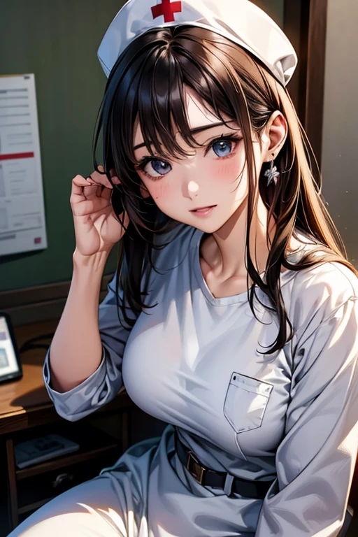 ((Highest quality)),(超High resolution),(Very detailed),(Detailed Description),((The best CG)),(masterpiece),Ultra-detailed art、(Highest quality、8k、32K、masterpiece)、(Realistic)、(Realistic:1.2)、(High resolution)、Very detailed、Very beautiful face and eyes、1 female、Tight waist、Delicate body、(Highest quality、Attention to detail、Rich skin detail)、(Highest quality、8k、Oil paints:1.2)、Very detailed、(Realistic、Realistic:1.37)、Bright colors、Beautiful Japanese Woman、Detailed face、Smooth Skin、Big Breasts、"A female nurse working in a cutting-edge hospital in the near future、Wearing highly functional and professional nurse uniform。She is moisture wicking、Breathable、Wrinkle-resistant、antibacterial、The scrub top is made of a highly functional fabric with excellent odor resistance.。色はwhite、Light blue、Mint green、lavender, etc.、Clean and professional colors。The top is fitted yet easy to move in.、V-neck or round neck、Subtle logo on sleeve、It has a pocket。The pants are made from the same high-performance fiber.、Straight or tapered pants、多機能It has a pocket。She likes to wear cushioned sneakers and flats.(white、Light blue、Navy Color)I am wearing、Comes with a non-slip sole。Accessorize with a durable name tag with clip、Understated jewelry, such as wedding rings and simple earrings、Includes functional belt。Disposable medical gloves(Made from nitrile)Use、A light jacket or cardigan to protect against air conditioning and heating、Wearing a hair cap or band to hold hair in place。Uniforms include、Built-in sensors for monitoring body temperature and vital signs、It has a built-in function to link with a smartwatch to support nurse call and communication.。The scene is、She helped the patient、Check your vital signs、Operating medical equipment、Pictured in a bright, modern, clean hospital environment。Advanced medical technology、Tidy patient rooms、You can also see other medical professionals working efficiently.。"