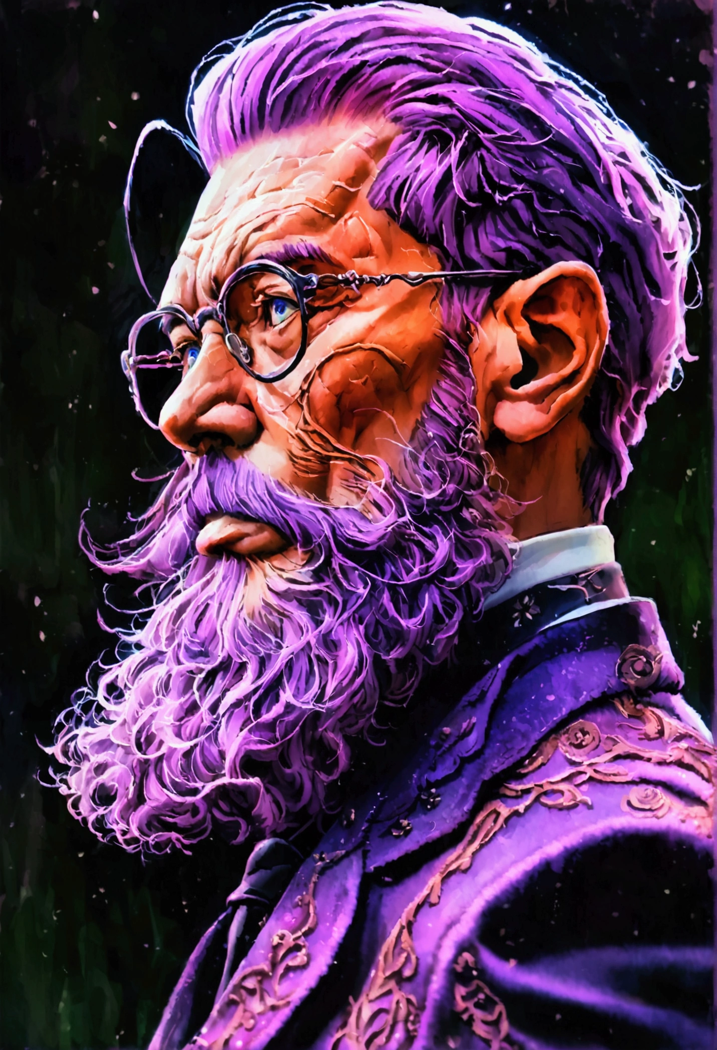 (Purple Hair,Slicked back),purple suit,Purple beard,architect,old,Illustration style