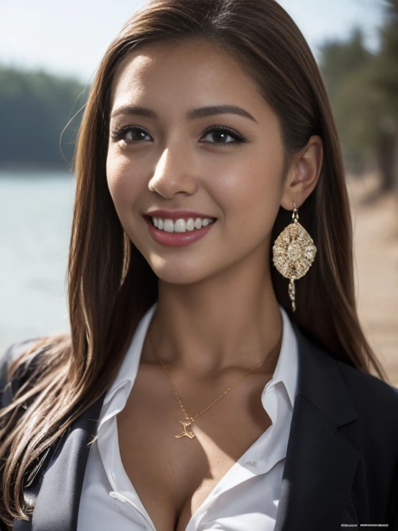 (masterpiece, Highest quality, Realistic, Very detailed, In detail, High resolution, 8k wallpaper), Beautiful woman close-up, Standing on the shore of a lake, Earrings, necklace, Laughing happily, Light brown messy long hair, Wearing a black business suit, White color see-through blouse, A blouse worn directly against the skin without underwear,Blouse unbuttoned to the chest,See-through chest,Exposed breasts,Sharp focus, Large Breasts, Perfect dynamic composition, Beautiful details, Detailed Hair, Detailed and realistic skin texture, Fashion magazine cover, Professional photography, ,xx mix_1girl
