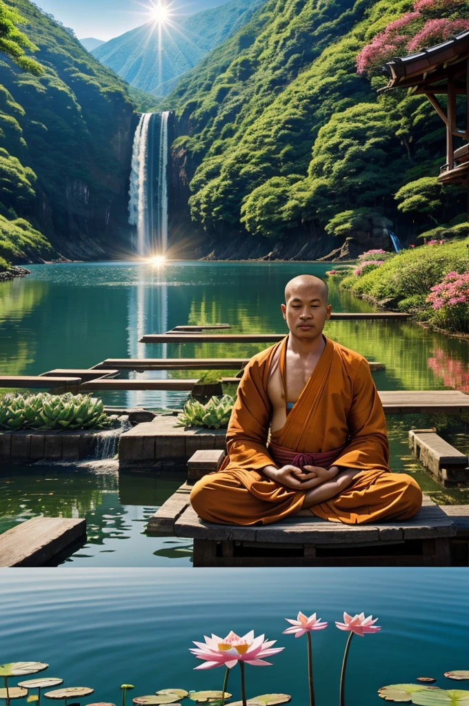 Clear and in the middle of the Mawsan lock. A beautiful lake with two lotuses growing in it. Mawsan and the sun are left in the morning. The color is bright. A monk is meditating in a CG illustration.