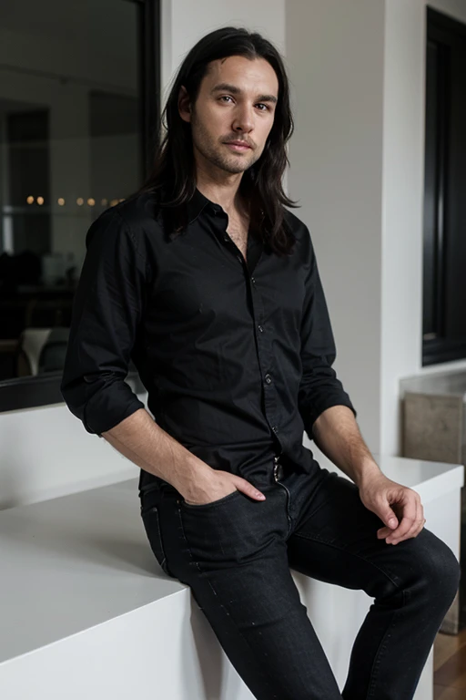 Handsome muscular slender White man,  goth long black hair, black shirt and black jeans, elegant, unshaved stubble, 40 years old
