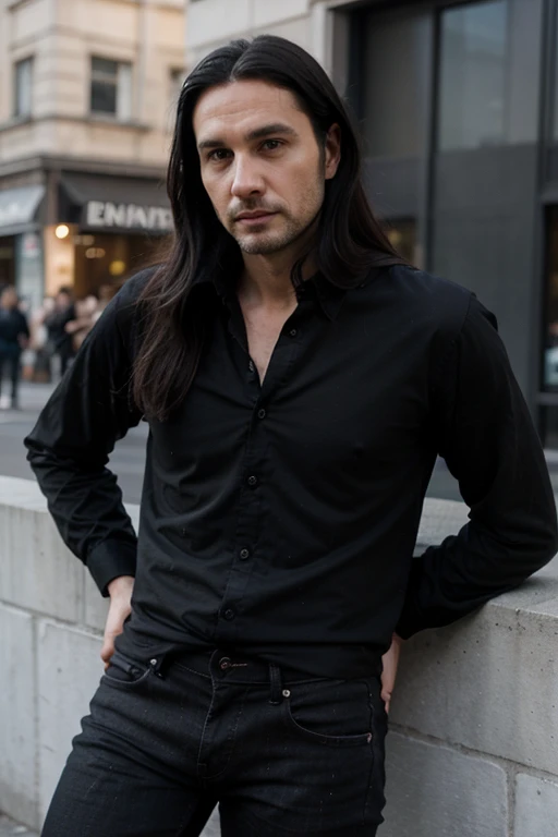 Handsome muscular slender White man, goth long black hair, black shirt and black jeans, elegant, unshaved stubble, 40 years old