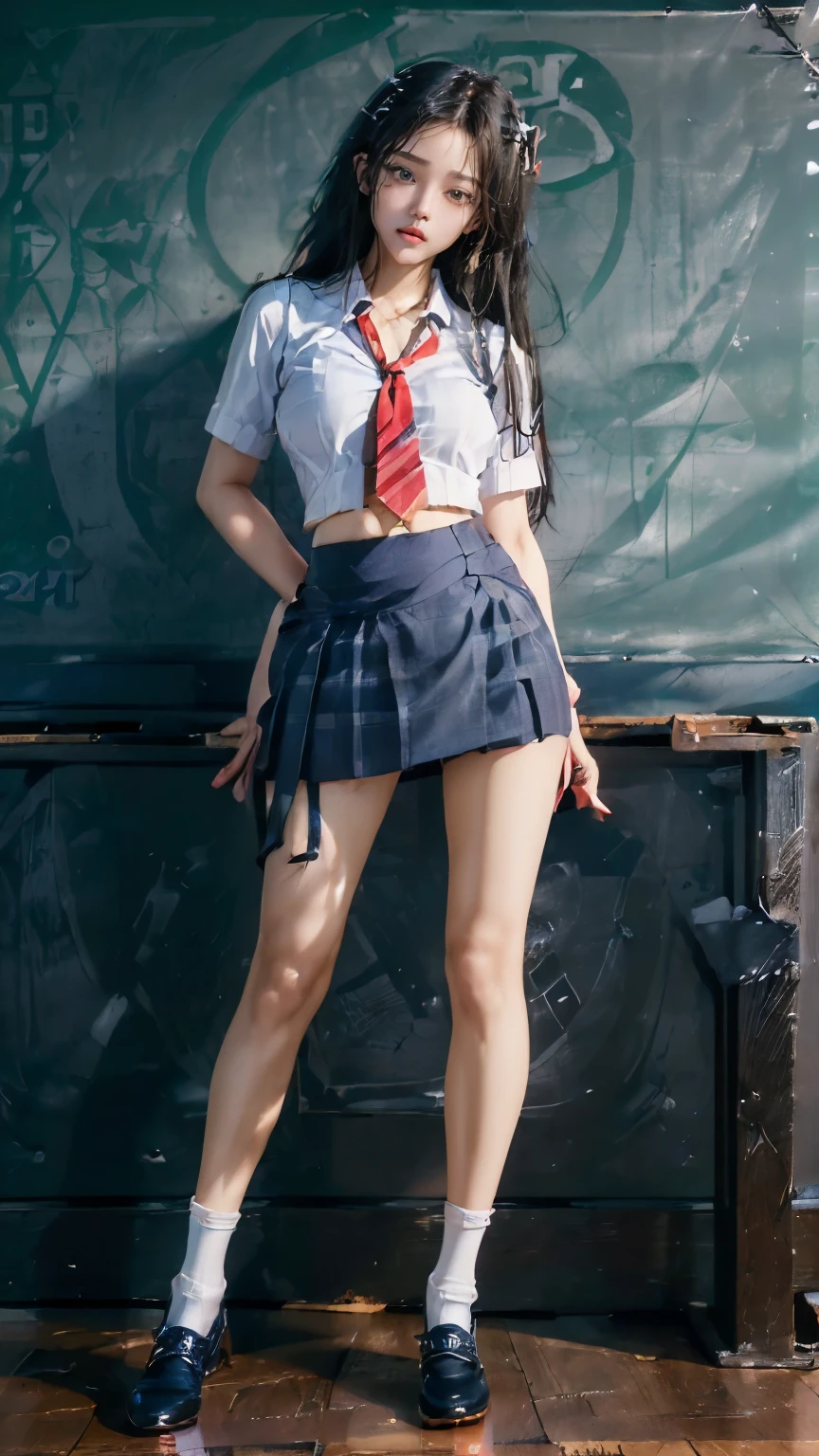 ((masterpiece)),(((最high quality))),(((((Full body shot of a girl taken from the floor:1.7))))),((Photograph the whole body from knee height:1.6)),((((((脚を揃えてPlease stand up straight:1.9)))))),((Thin thighs:1.3)),((Long legs:1.4)),(((Girl standing in a school classroom:1.7))),(((Micro Mini Skirt Uniform:1.6))),((スリムなModel body type:1.8)),((Japan  in summer uniform:1.8)),((Wearing a red tie:1.5)),(Wearing a white shirt with short sleeves:1.3),Her erect nipples are clearly visible under her clothes.,(Navy blue checked micro mini skirt:1.7),(16 years old:1.3),bangs,A small smile,((cute女の子)),Slender girl,Black Loafers,(((short white socks up to the ankles,:1.2))),cute,The thighs below the groin are slim and firm,cute,Black hair ponytail,Thin legs,スリムなModel body type,Very small waist,Small hips,Long thighs,Thin thighs,Thin hands,Long hands,((((Photograph the whole body from below:1.5)))),(((((k-popのIVEのWONYOUNGにそっくりの女の子:1.9))))),((Turn your whole body straight ahead:1.8)),((expensive:1.4)),(Stand with your legs straight without bending your knees:1.7),((Please stand up straight:1.7)),((turn your hips forward:1.7)),The ankles are super thin,beauty,Fine skin,Firm Skin,引き締まったThin legsの肌を細部までリアルに再現,Very detailed, Attention to detail,high quality,Awards,High resolution,(Anatomically correct:1.3),(8k,RAW Photos,最high quality,masterpiece:1.5),(((女の子をPhotograph the whole body from below))),Height 173cm,((脚を揃えてPlease stand up straight:1.7)),((脚を揃えてPlease stand up straight:1.7)),((脚を揃えてPlease stand up straight:1.5)),((脚を揃えてPlease stand up straight:1.7)),(((Keep your back straight:1.8))),((Look forward:1.2)),9頭身beauty,Model body type,((Inseam is half the height:1.3)),Thin thighs,((k-popのIVEのWONYOUNGにそっくりの女の子:1.5)),Tiny and slim waist,((In the background, a classroom is visible, with desks and a blackboard.:1.7)),(((beautiful girl:1.5)))