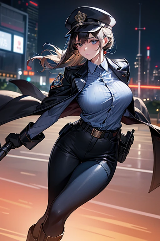 ((Highest quality)),(超High resolution),(Very detailed),(Detailed Description),((The best CG)),(masterpiece),Ultra-detailed art、(Highest quality、8k、32K、masterpiece)、(Realistic)、(Realistic:1.2)、(High resolution)、Very detailed、Very beautiful face and eyes、1 female、Tight waist、Delicate body、(Highest quality、Attention to detail、Rich skin detail)、(Highest quality、8k、Oil paints:1.2)、Very detailed、(Realistic、Realistic:1.37)、Bright colors、Beautiful Japanese Woman、Detailed face、Smooth Skin、Big Breasts、"A female police officer of the near future wearing a highly functional uniform、Working in a modern urban environment。Wearing a dark blue or black tight-fitting jacket、Reflective lines and metallic accents、Built-in protective padding on shoulders and elbows。There is a badge and ID holder on the left chest.、Wear a moisture-wicking grey or blue shirt underneath。The shirt has contrast stripes on the collar and cuffs。The tight-fitting straight pants are made from the same high-performance material.、Built-in protective pads on knees and thighs。Wearing a sturdy black belt、Multiple pouches and holsters are attached.、Stores power tools and communication equipment。On her feet, she wears mid-cut black boots that provide good ankle support.。The cap also matches the uniform.、Reflective lines and metallic badges。As an accessory、Impact resistant gloves、Bulletproof glass goggles with night vision function、It also comes with a headset with an integrated earpiece and microphone.。She patrols the city、Interact with citizens、They are responding to the situation using advanced surveillance equipment.、There is a futuristic police car nearby.。The urban environment is high-tech、You&#39;ll see smart buildings and holographic displays。"