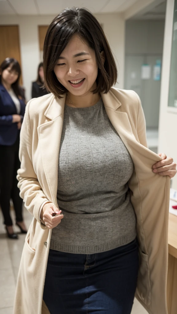 Raw, best quality, masterpiece, Ultra-realistic, ultra-detailed, korean mommy, 45-year-old, wearing coat, clotheless, exposed suit, plump body, big breasts, laughing, at pharmacy counter, medicine background, 8k resolution 
